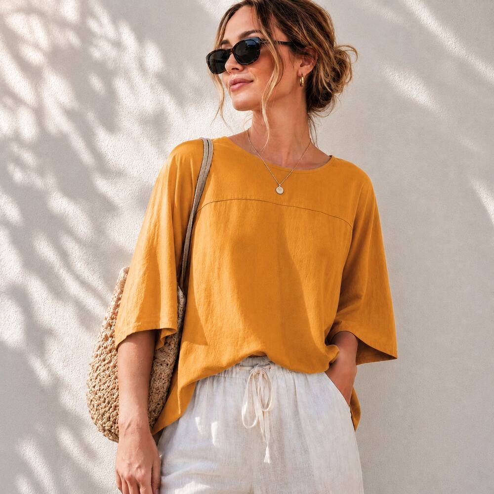 COS Women's SZ M 100% Cotton Sateen Minimalist Elbow Length Blouse Golden Ochre